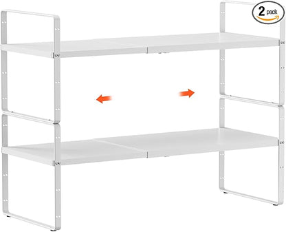 2Pack 16.5-27’’L Expandable Cabinet Shelf Organizers, Stackable Metal Shelves Extender for Kitchen Countertop Storage, Adjustable Spices Shelves Rack Stand for Cupboard Pantry, White
