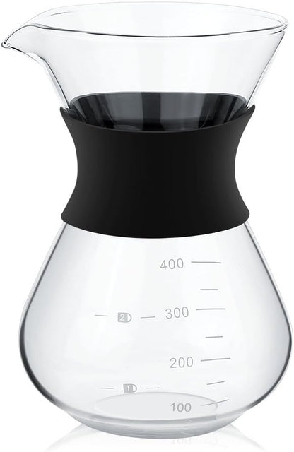 Zopsc 400ml Manual Hand Drip Glass Coffee Maker Pot with Stainless Steel Filter, Marks, Fine Mesh, Suitable for Kitchen, Dining Table, Easy to