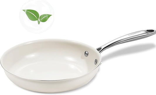 8" Ceramic Frying Pan Nonstick, Small Skillet, Cooking Pan Non Toxic with Stay Cool Handle for Induction, Chef's Pan, PTFE & PFAS & PFOA Free, Dishwasher/Oven Safe, White