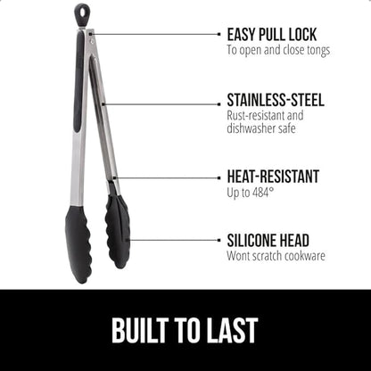 GORILLA GRIP Stainless Steel Heat Resistant Kitchen Tongs for Cooking, 7 + 9 + 12 Inch Set of 3 BBQ Tong, Non Scratch Silicone Tip for Pans, Strong Grip, Grab Food, Toss Salad, Pull Lock, Black