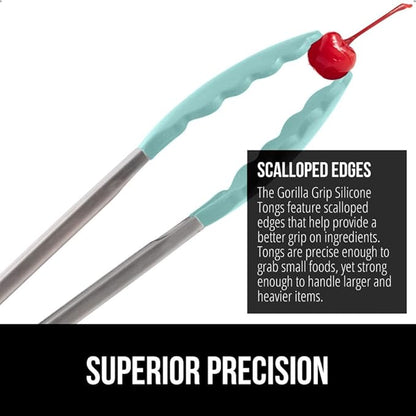 GORILLA GRIP Stainless Steel Heat Resistant Kitchen Tongs for Cooking, 9 + 12 Inch, Set of 2 BBQ Tong, Non Scratch Silicone Tip for Pan, Strong Grip, Grab Food, Toss Salad, Air Fryer, Pull Lock, Mint