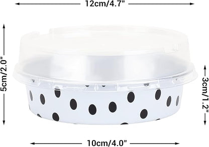 Beasea Mini Tart Pans with Lids 100 Pack, 4” 8oz Disposable Aluminum Baking Foil Tins Round Small White Black Dot Container for Individual Cupcake Dessert Muffin Ramekin Cheesecake Quiche Oven Dishes