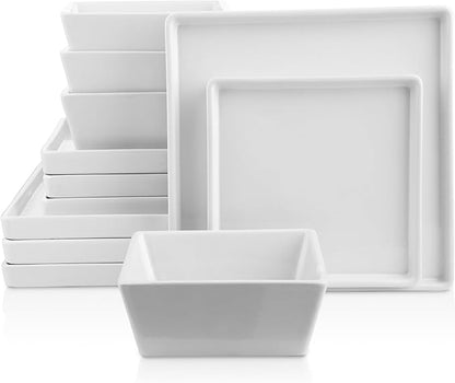 Stone Lain Grace Square Stoneware Dinnerware Set, 12 Piece Service For 4, Plates and Bowls Dish Set, White