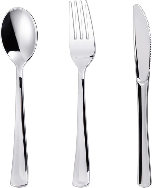 N9R 200PCS Silver Plastic Silverware Disposable Silver Plastic Silverware Cutlery Set, 100 Forks, 50 Spoons, 50 Knives for Party, Birthday, Wedding