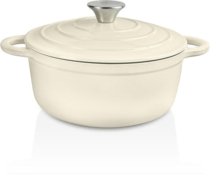 Trustmade 4.5 QT Cast Iron Dutch Oven, Enamel Coated Cookware Pot with Self Basting Lid for Home Baking, Braiser, Cooking, White