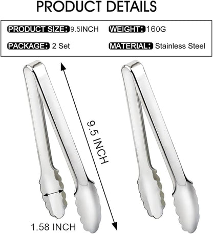 2 Pack Serving Tongs Serving Utensils Salad Tongs Metal Buffet Tongs Non-slip & Easy Grip Stainless Steel Plated Buffet Serving Tongs, Salad, Ice, Oven (9.5 Inch) (Silver)
