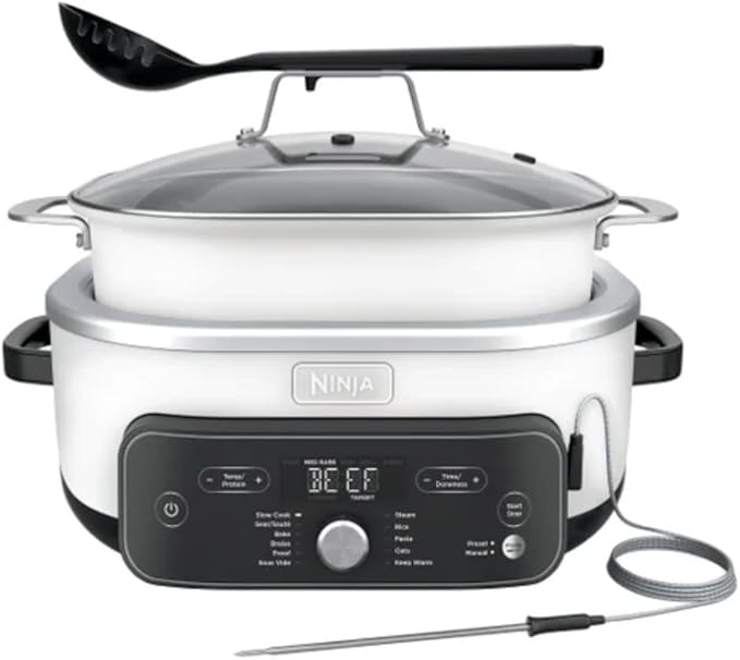 New 2025 Ninja Foodi Possible Cooker PRO Plus 11-in-1 Multi-Cooker, Slow Cooker, 8.5-Qt Smart Cook System with Thermometer and 1400W High-Heat Searing Base, White