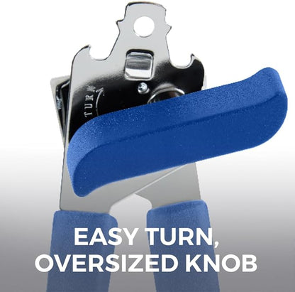 Kitchen Genie Slip Resistant Stainless Steel Manual Can Opener, Sharp Blade for Smooth Edge Cuts, Easily Open Cans, Ergonomic Handles with Easy to Turn Knob, Built-In Bottle Openers, Cobalt Blue