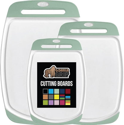 GORILLA GRIP BPA-Free Reversible Kitchen Cutting Board Set of 3, US Designed, Nonporous, Juice Grooves Catch Liquid, Slip Resistant Border, Dishwasher Safe, Durable Large Food Chopping Boards, Mint