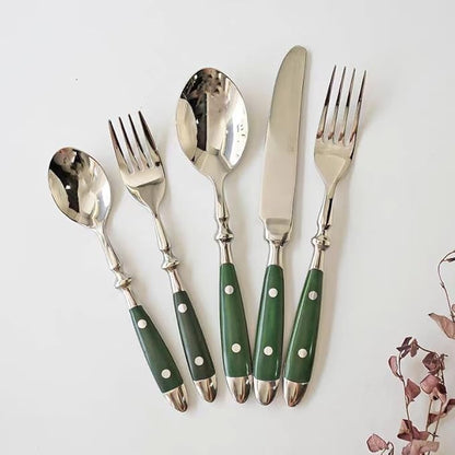 Silverware Set For 8 with Two Rivets, Vintage 40-Piece Everyday Flatware Set with Green Bakelite Handle, Stainless Steel Cutlery Set, Dishwasher Safe, Knives Spoons and Forks Set