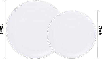 KIRE 200PCS Silver Plastic Plates - White Plastic Plates with Silver Rim Include 100 Dinner Plate and 100 for Dessert/Salad Plate for Birthday/Wedding/Party for Christmas