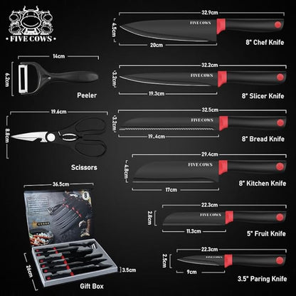 8-Piece Chef Knife Set - Ultra Sharp Premium German High Carbon Stainless Steel, Razor-Sharp & Durable, Lightweight Anti-Slip Handle, Professional Kitchen Knives with Gift Box (Red 8 Piece)