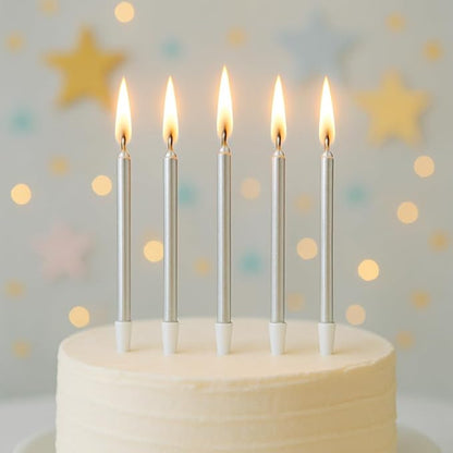 by Tugba Aydan - Silver Birthday Candles - 24 Count Long Thin Silver Birthday Candles for Cake, Metallic Cake Candle for Birthday, Party Candles