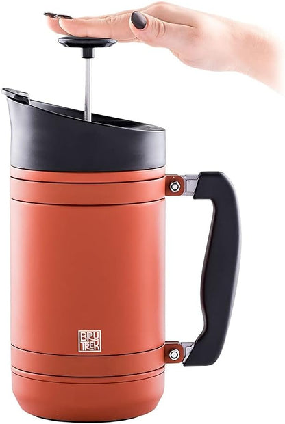 BruTrek BaseCamp Coffee Press - Double Wall Insulated Stainless Steel - Bru-Stop Technology, No Grounds in Coffee, No Spill Lid (Red Rock, 32 fl.oz)