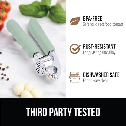GORILLA GRIP Garlic Press and Peel Set, Heavy Duty Mincer Tool, Large Ergonomic Handle, Easily Mince and Crush Garlics, Ginger, Nuts, Seeds, Peeler Included, Peeling Cloves, Kitchen Gadgets, Mint