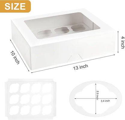 Kucoele 12 Count Cupcake Boxes, 6 Pack White Cupcake Containers with Windows and Inserts, Disposable Cupcake Carriers for Muffins, Treats, Pastries, 13 x 10 x 4 Inches