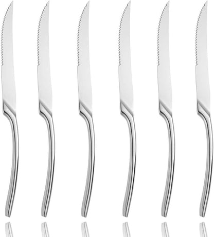 Lemeya Stainless Steel Steak Knives Set of 6,Forge Steak Knife,Serrated Steak Knives Set,6 Piece Heavy Steak Knives-10 inch,Mirror Polished,Dishwasher Safe