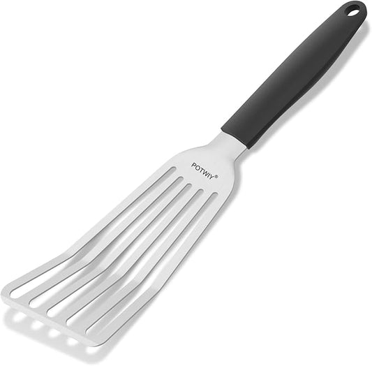 Stainless Steel Fish Spatula, Metal Fish Turner with Silicone Handle, Kitchen Slotted Spatula for Cast Iron Skillet Cooking and Grilling, Beveled Edge and Curved Blade, 13.5 Inch