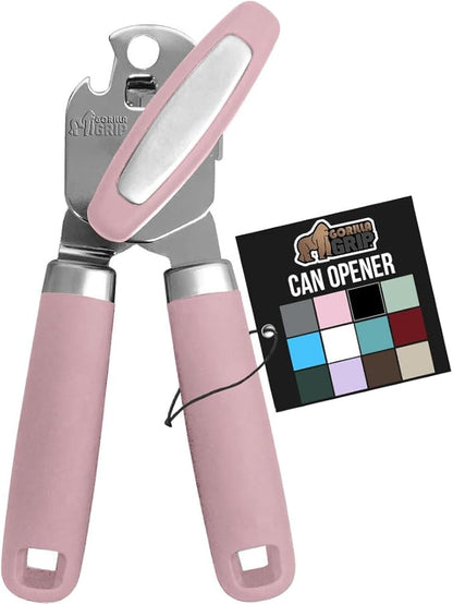 GORILLA GRIP Heavy Duty Stainless Steel Smooth Edge Manual Can Opener and Bottle Openers, Soft Comfortable Handle, Oversized Handheld Turn Knob, US Designed Multifunctional Kitchen Tool, Pink