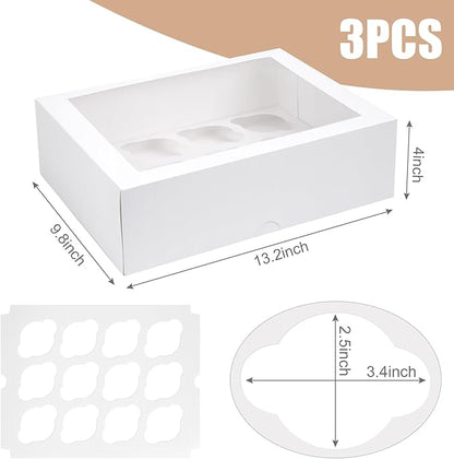 VGOODALL 3PCS White Cupcake Container, 12 Count with Window Boxes Holding 36 Pastry Box for Birthday Holiday Party Bakery Supplies