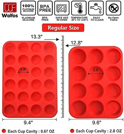 Walfos Silicone Muffin Pan Set - Regular 12 Cups Silicone Muffin Pan and Mini 24 Cups Cupcake Pan - BPA Free and Dishwasher Safe, Great for Making Muffin Cakes, Tart, Bread