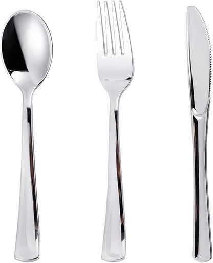 N9R 120PCS Silver Plastic Silverware, Silver Plastic Cutlery Set Disposable Flatware Dinnerware -60 Forks, 30 Spoons, 30 Knives for Wedding, Party, Birthday and Daily Use