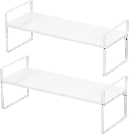 iPEGTOP Expandable Cabinet Storage Shelf Organizer Rack, 2 Pack Heavy Duty Steel Metal Spice Rack Adjustable Height Garage Pantry Shelf Space Riser for Counter Kitchen Organization, White
