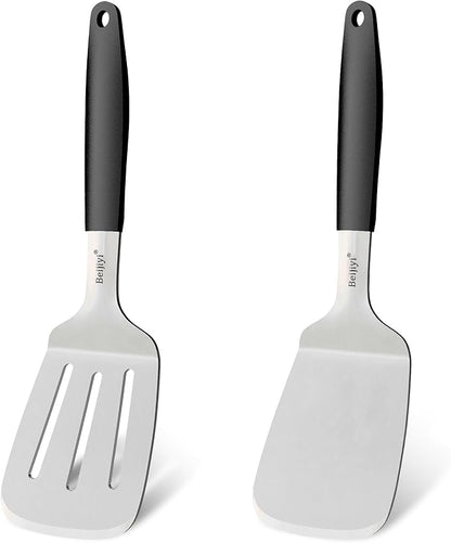Beijiyi Stainless Steel Spatulas Set, Solid and Slotted Metal Turner Spatula for Cooking Cast Iron Skillet, Kitchen and Griddle Spatula with Full Tang Silicone Handle for Smash Burger, Pancake, Egg