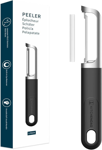 KITCHENDAO Swivel Vegetable Potato Peeler for Kitchen -Durable Japanese 420J2 Stainless Steel Sharp Dual Blade- Built-in Eye Remover, Ergonomic Soft-Touch Handle - Dishwasher Safe-Black