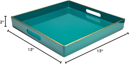 Spsyrine Green Decorative Serving Tray with Handles, 13" X 13" Square Plastic Coffee Table Tray for Ottoman, Living Room, Bathroom, Home Decor.