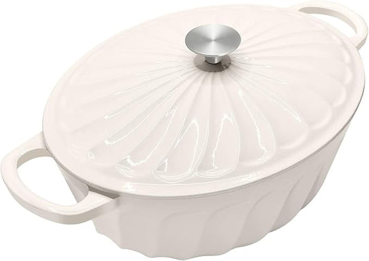 Enameled Oval Dutch Oven Pot with Lid, 7 QT Cast Iron Dutch Oven with Dual Handles for Cooking, Bread Baking, Frying, Non-stick Enamel Coated Oven (White)