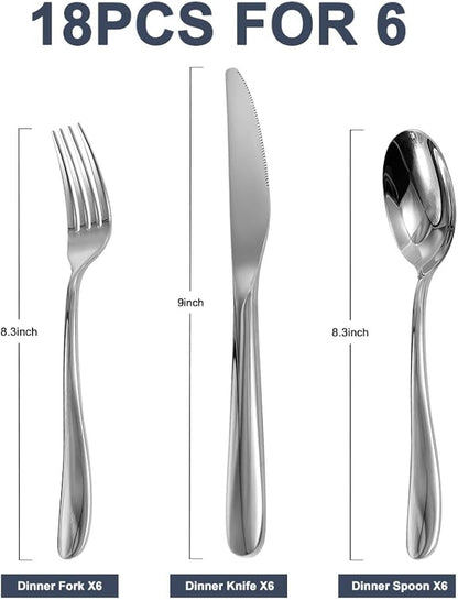 Stainless Steel 18PCS Dinner Set combo with 6 Dinner Knives, 6 Dinner Forks, 6 Dinner Spoons，Silverware Set for Home, Kitchen and Restaurant, Mirror Polished& Dishwasher Safe