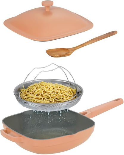 Nonstick Ceramic Saute Pan with Steamer, Non Toxic Deep Frying Skillet with Spatula, PFOA,PFOS,Lead & Cadmium Free,Dishwasher Safe,4 Qt,11-inch, Terracotta,All in One Pan,ceramic cookware with lid