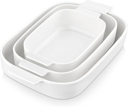 MALACASA Casserole Dishes for Oven, Porcelain Baking Dishes Set of 3, Durable Casserole Dish Set Lasagna Pan Deep, Ceramic Bakeware Sets with Handles, White (13.8''/11.7''/9.4''), Series Bake