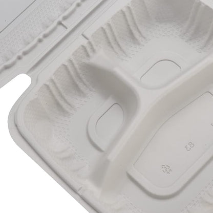 TIYA Clamshell Food Containers - White Bulk 150 Pack, 8x8 in - 3-Compartment To-Go Containers - Microwavable Plastic with Hinged Lid - Great for Meal Prep - BPA-Free