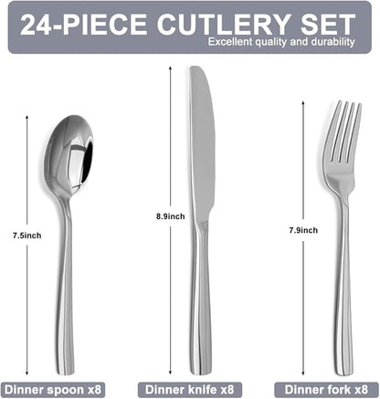 Silverware Set,18/10 Stainless Steel Silverware Set For 8,With Dinner Knives Forks Spoon Set for Home, Kitchen and Restaurant, Mirror Polished& Dishwasher Safe