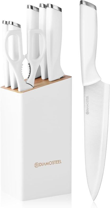 White Knife Set with Block, 7 Pieces Small Knife Block Set with Stainless Steel Blade Ergonomic Handle, Kitchen Knives Set Gifts for chef