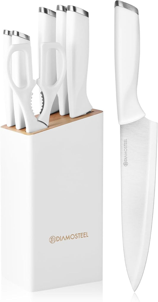 White Knife Set with Block, 7 Pieces Small Knife Block Set with Stainless Steel Blade Ergonomic Handle, Kitchen Knives Set Gifts for chef