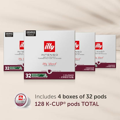 Illy Coffee, Intenso Dark Roast K-Cups, Made With 100% Arabica Beans, Intense & Robust Flavor, All-Natural, No Preservatives, Pods for Keurig Machines, 128 K-Cup Pods