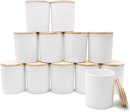14 OZ Thick Candle Jars for Making Candles 12 Pcs, 3 Wick Empty Jars with Wood Lids for Candle Making, Sample Container,Matte White