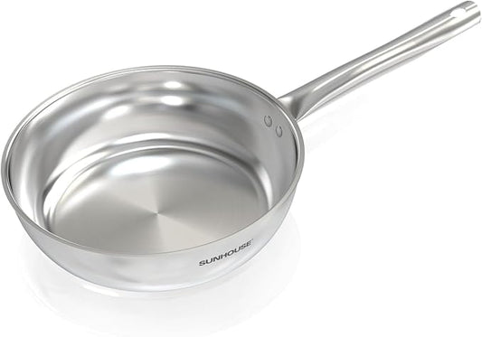 SUNHOUSE 10 Inch Tri-Ply Stainless Steel Frying Pan, Whole-Clad No Coatings Skillet with Stay-cool Handle for Cooking, Durable & Oven Safe to 500°F, Dishwasher Safe, Compatible with All Cooktops