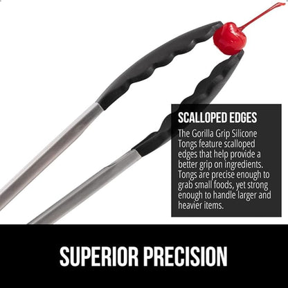 GORILLA GRIP Stainless Steel Heat Resistant Kitchen Tongs for Cooking, Set of 2 BBQ Tong, Non Scratch Silicone Tip for Pans, Strong Grip, Grab Food, Toss Salad, Air Fryer, Pull Lock, 7 + 9 Inch, Black