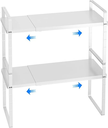 Expandable Cabinet Shelf Organizer, Stackable Kitchen Pantry Counter Storage, Adjustable Closet Cupboard Stand Rack Risers Spice Organization 80LBS Heavy Duty White Large 2 Pack
