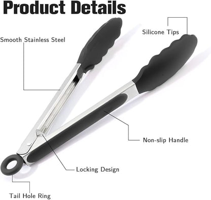 Kitchen Tongs 9'' and 12'' Tongs for Cooking 2 Pcs Black Silicone Tongs Stainless Steel Locking Food Tongs with Silicone Tips Heat Resistant Serving Tong for BBQ Food Grilling Salad Kitchen Utensils