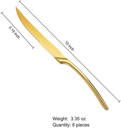 Lemeya Stainless Steel Gold Steak Knives Set of 6,Forge Steak Knife,Serrated Steak Knives Set,6 Piece Heavy Steak Knives-10 inch,Mirror Polished,Dishwasher Safe
