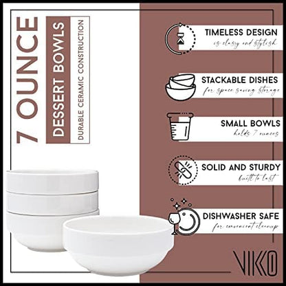 Vikko Small 7 Ounce White Bowl, Set of 6 White Dessert Bowls, Fine Porcelain, Stackable Small Snack Bowl, Dishwasher Safe