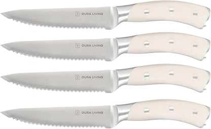 DURA LIVING 8-Piece Serrated Kitchen Steak Knife Set – Forged High Carbon Stainless Steel, Ultra Sharp, Ergonomic Black Handles, Durable Dinner Knives, Cream Handle