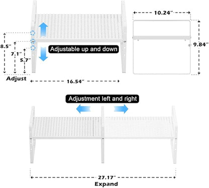 Expandable Cabinet Shelf Organizer, Stackable Pantry Cabinet Counter Under Sink Shelves Inside Cabinet Storage for Kitchen Bathroom Office, 2 Packs, White