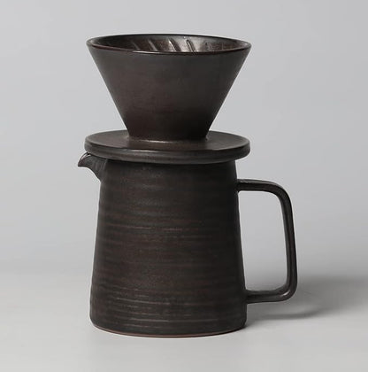Stoneware Handmade Pour Over Coffee Maker Set, Ceramic Coffee Brewer Hand Drip Cone Dripper & Coffee Pot Microwaveable Decanter, Retro Metallic Glaze, 16oz