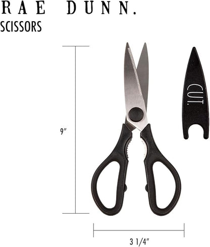 Rae Dunn Kitchen Scissors- Stainless Steel Kitchen Shears, Cooking Scissors for Cutting Meat, Chicken, Herbs and Produce with Blade Cover and Soft Grip Handles (Black)